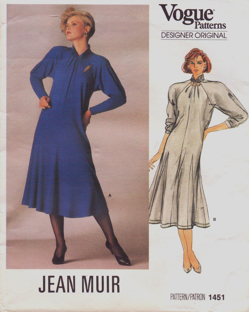80s Jean Muir Flared Raglan Sleeve Dress Vogue Sewing Pattern 1451 Size ...