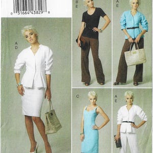 May include: A sewing pattern featuring four different outfit options. The first outfit is a white blouse with a skirt. The second outfit is a black top with brown pants. The third outfit is a light blue blouse with brown pants. The fourth outfit is a light blue dress. The pattern includes the text "V8718/EE" and a barcode.
