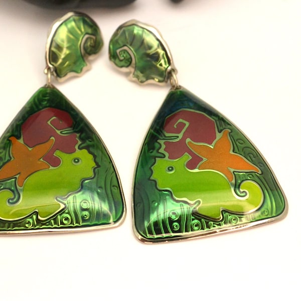 Vintage Edgar Berebi Sea Life Earrings Pierced with Enamel on Silver Tone Metal Great for the Beach