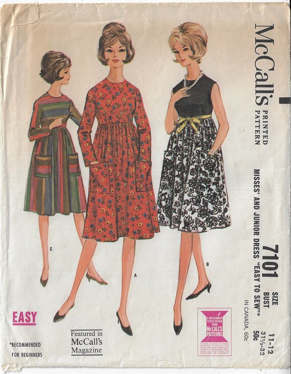 60s Womens Sweet Empire Waist Dress With Variations Mccalls