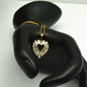 Vintage 925 Silver & CZ Heart Pendant Necklace Vermeil with Tapered Baguette Cubic Zirconia Heart