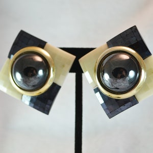 80s Plastic Clip on Earrings Checkerboard Squares of Cream and Black image 2
