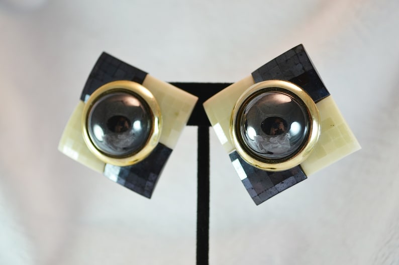 80s Plastic Clip on Earrings Checkerboard Squares of Cream and Black image 2