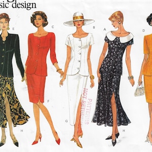 Puede incluir: Un patrón de costura para cuatro atuendos diferentes. Los atuendos incluyen una chaqueta negra con una falda dorada, una chaqueta roja con una falda roja, una chaqueta blanca con una falda blanca, una blusa con estampado blanco y negro con una falda con estampado blanco y negro y una chaqueta amarilla con una falda amarilla. El patrón está etiquetado como "basic design" y "18-2".