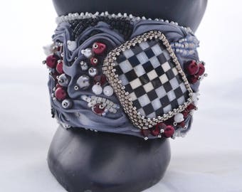 OOAK Queen of Hearts Shibori Ribbon and Bead Woven Bracelet Silver Grey Shibori Ribbon, Checkerboard with Crystals and Pearls