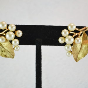 Vintage Crown Trifari Clip On Earrings Faux Pearls and Large Leaf Spray Gold Tone Metal image 2