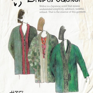 May include: A sewing pattern illustration titled Shibui Jacket #317 featuring three variations of a long-sleeved jacket. The designs include a dark green jacket with red striped trim, a checkered green jacket, and a solid green jacket with dark trim.
