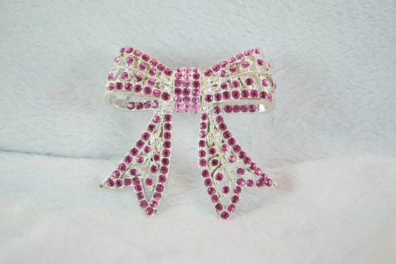 Sparkling Bow Brooch Silver Tone Metal with Pink … - image 1