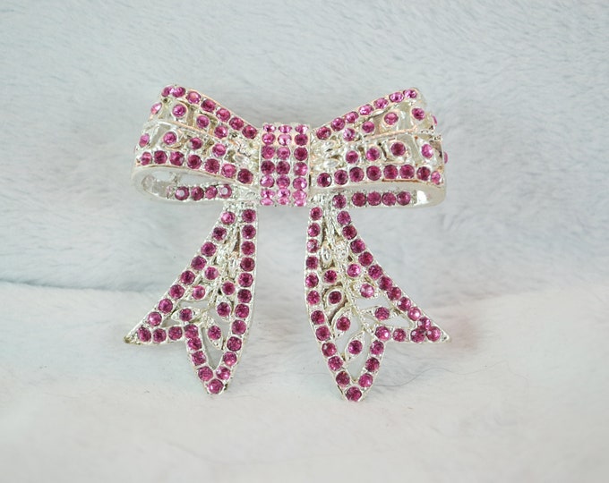 Pink Rhinestone Bow Sparkling Bow Brooch Silver Tone Metal With Pink Rhinestones Womens ...