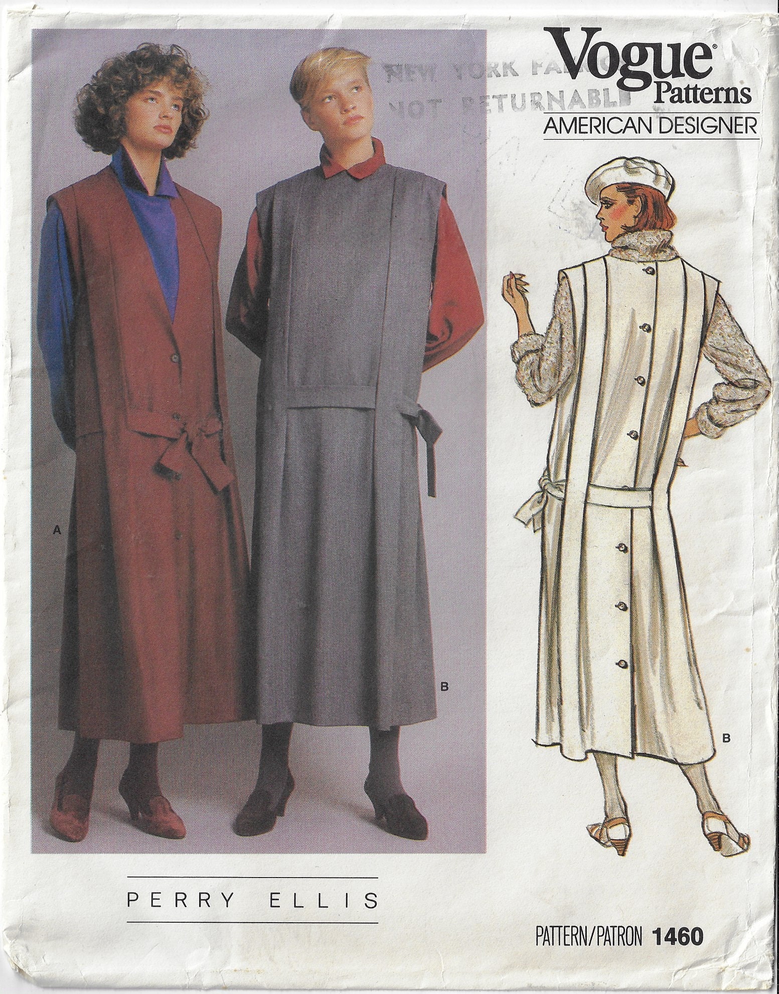 80s Perry Ellis Jumper Front or Back Buttoned & Belt Vogue Sewing 
