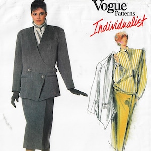 May include: Vogue Patterns Individualist sewing pattern featuring two women's outfits. The first outfit is a gray wrap jacket and skirt. The second outfit is a yellow and white striped top with a yellow skirt and a white jacket.