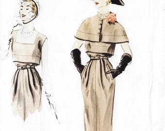 May include: Illustration of two women in vintage fashion. One wears a dress with a square neckline and a belt. The other wears a cape-like top, a pencil skirt, a wide-brimmed hat, and long gloves. Both outfits are in neutral tones.