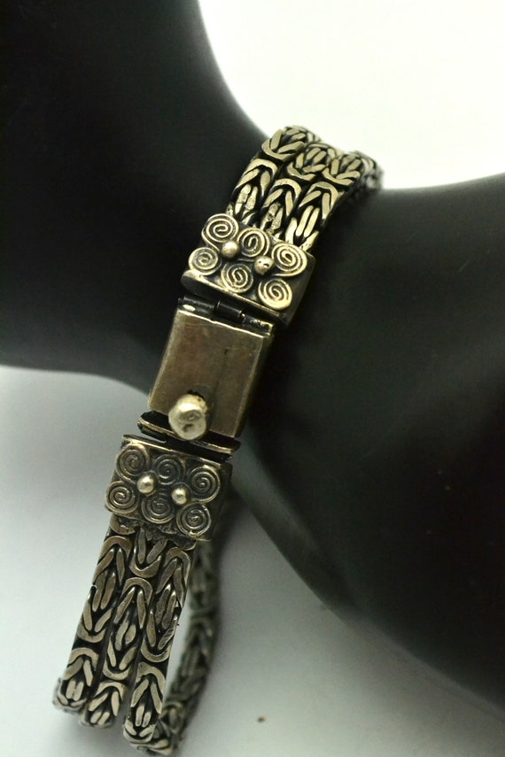 Vintage 925 Silver Bracelet 3 Rows Byzantine Chai… - image 4