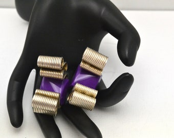 Huge Signed Laura Vogel Clip Earrings Curled Silver Tone Metal Ribbon with Purple Acrylic Stone Avant Garde Clips