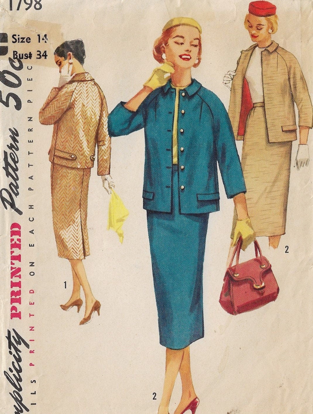 1950s Two Piece Suit Jacket & Skirt Simplicity Sewing Pattern 1798