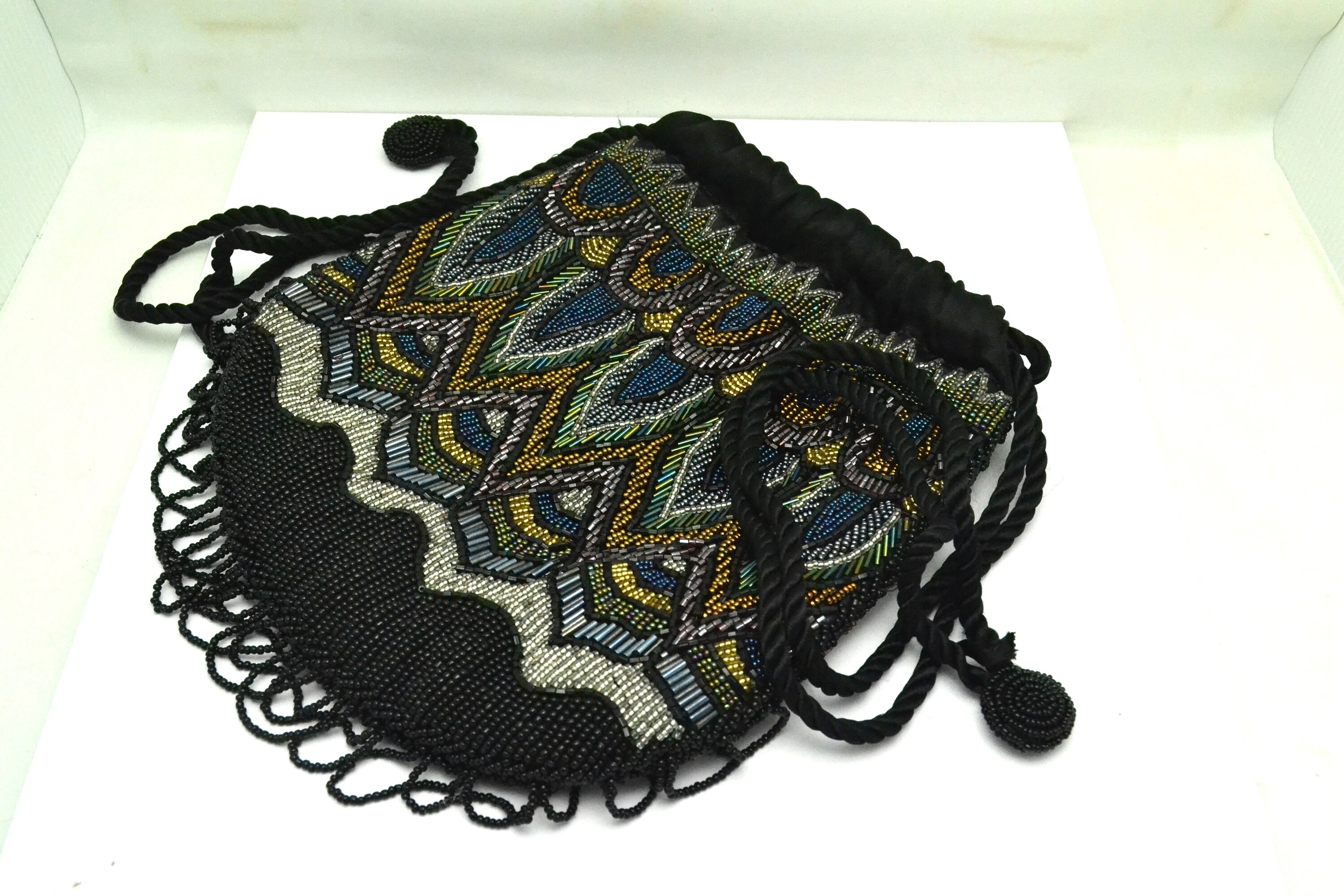 Boho Beaded Drawstring Purse Cadaz Cinch Bag Shades of Dark