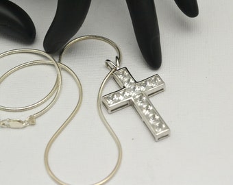 Vintage 925 Silver Cross Necklace with 10 Square Cubic Zirconia Stones Elegant Gift for Her