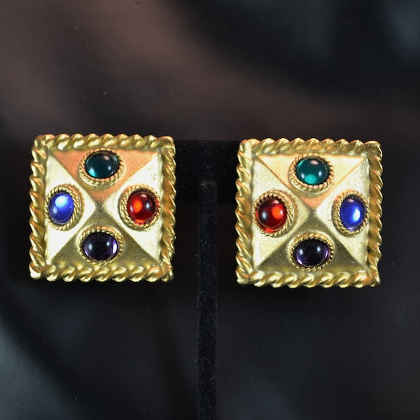 Big Square Moghul Style Clip On Earrings Vintage Etruscan Revival Clips