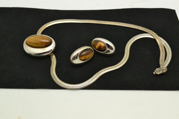 East West Tigers Eye Necklace & Pierced Earrings Set Silver Tone Metal