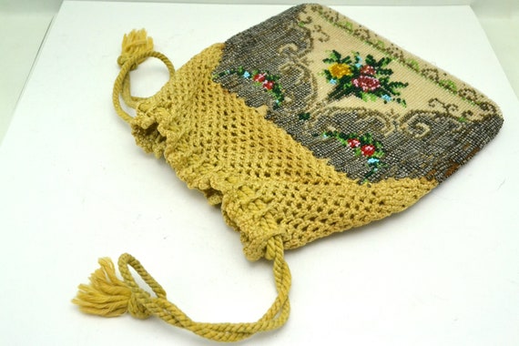Vintage Micro Beaded Purse with Crocheted Drawstr… - image 2