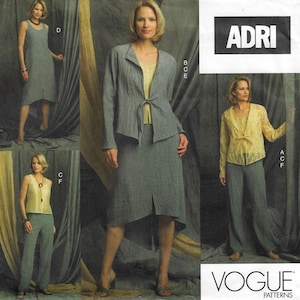 May include: ADRI VOGUE PATTERNS sewing pattern envelope featuring various garment combinations including a sleeveless dress, a long-sleeved jacket with a front tie, a sleeveless top, a skirt with a front slit, and trousers in grey and yellow.