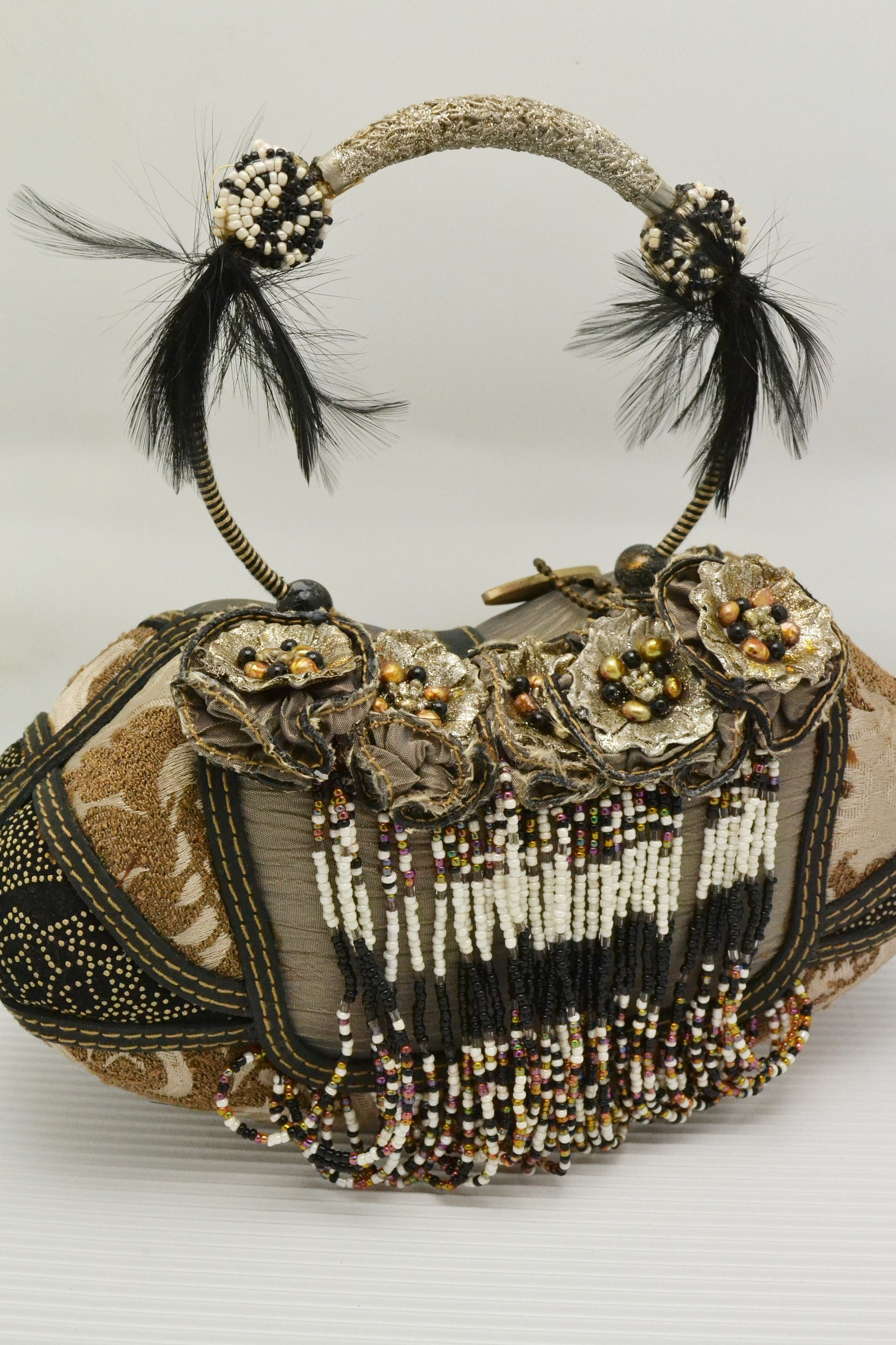 Vintage Mary Frances Top Handle Box Purse With Brocade Beads Feathers Unique Gift for Her Etsy