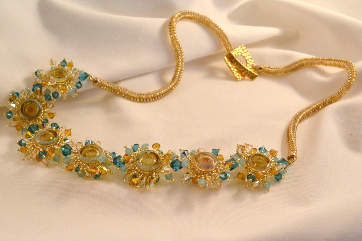 Handmade Beadwoven Yo Yo Necklace Gold and Blue Swarovski Etsy