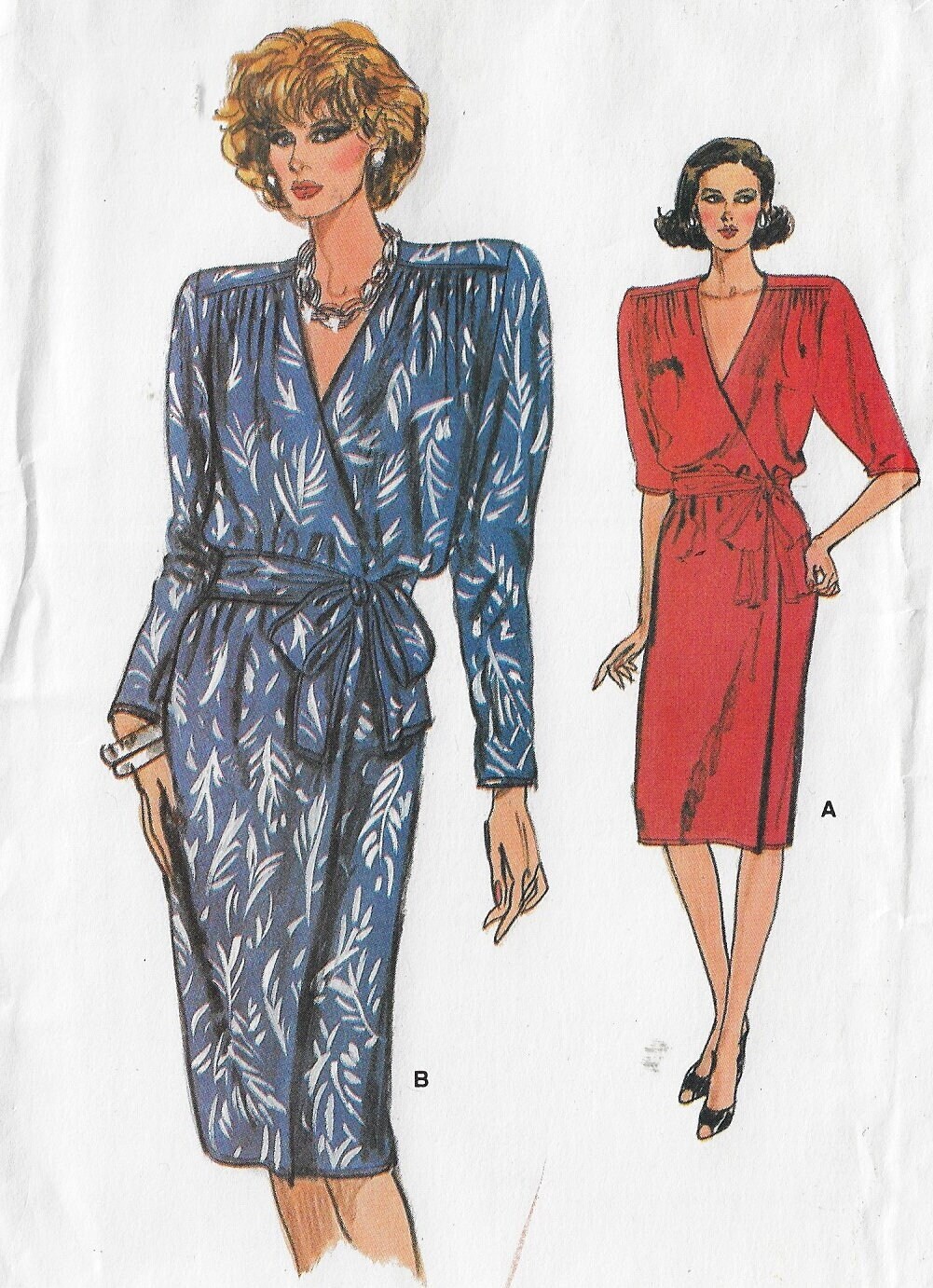 80s Womens Front Wrap Dress & Belt With Sleeve Variation