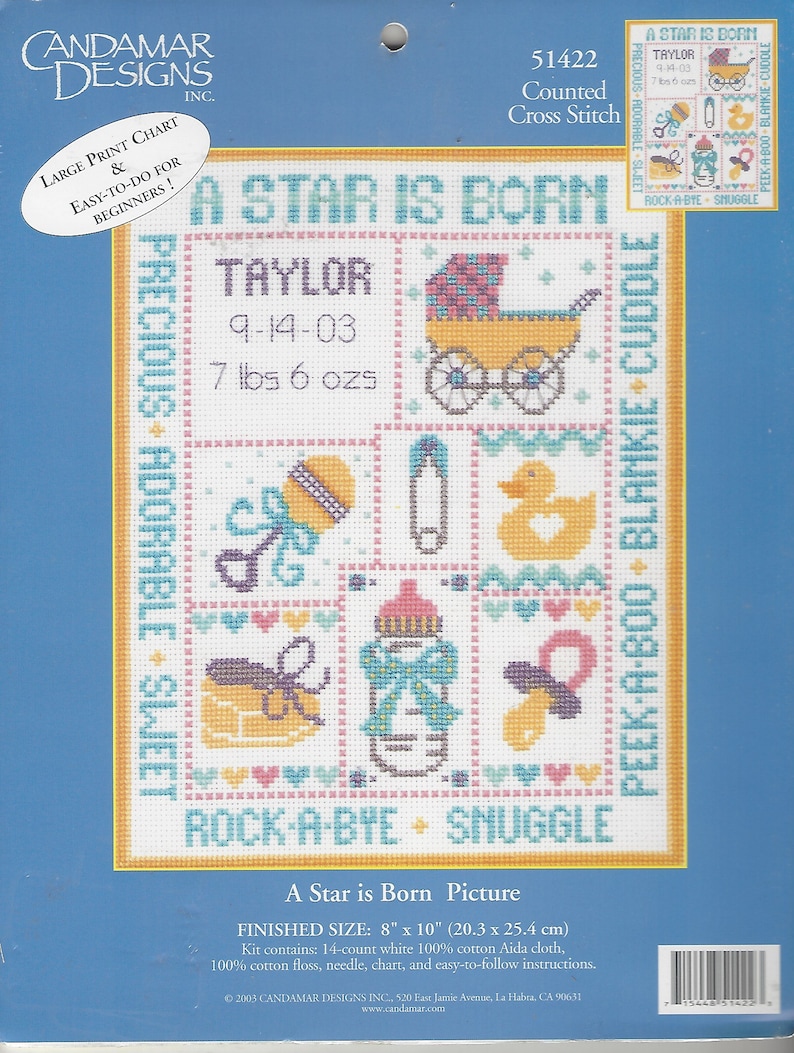 A Star Is Born Candamar Counted Cross Stitch Kit 51422 Baby Record Baby Sampler NIP Kit Large Print Chart Finished Size 8 x 10