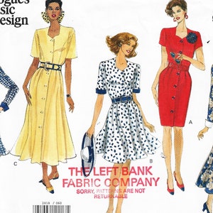 Könnte beinhalten: Ein Schnittmuster für vier verschiedene Kleider. Die Kleider sind in verschiedenen Farben und Mustern, darunter Gelb, Rot, Blau und Weiß. Das Schnittmuster ist für die Größen 6-8-10. Das Schnittmuster heißt "Vogue's Basic Design" und ist mit "2818" gekennzeichnet.