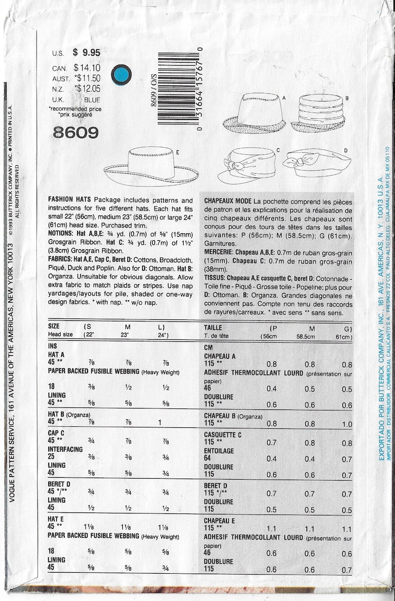 May include: A sewing pattern for five different hats, including a beret, a cap, and a sun hat. The pattern includes instructions for sizes small, medium, and large. The pattern is printed on a white background with blue text.