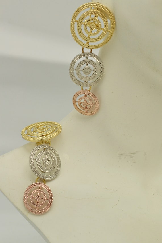 Vintage Tri Color Metal Pierced Earrings Gold, Si… - image 6