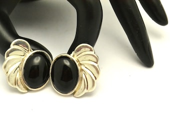 Vintage 925 Sterling Silver & Onyx Clip On Earrings Modernist Design