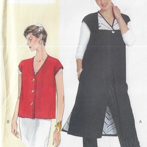 May include: A sewing pattern envelope featuring two garment designs: a red button-front vest labeled B and a long black sleeveless duster coat with a white and black striped V-neck inset labeled A. The package includes a barcode at the top.