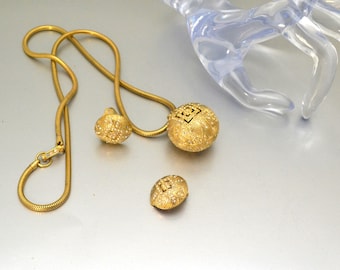 Vintage Ball Pendant & Clip Earring Set Gold Tone Metal Tiny AB Rhinestones