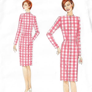 May include: A fashion illustration of a knee-length dress featuring a pink and white gingham check pattern. The dress has long sleeves, a high neckline with a small ruffled collar, and a button-down front closure, shown from both front and back views.