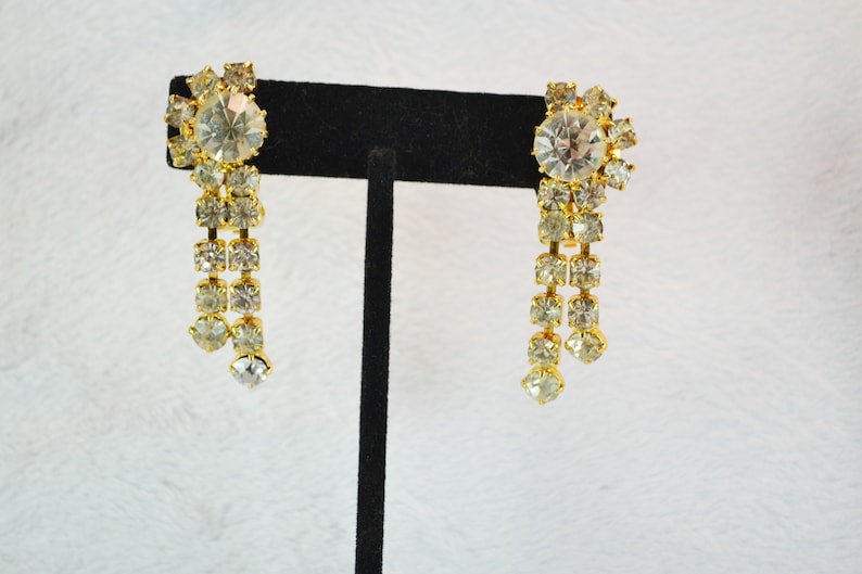 Prom or Special Occasion Bold Sparkling Rhinestone Clip On Earrings with Dangles Gold Tone Metal Great for Wedding