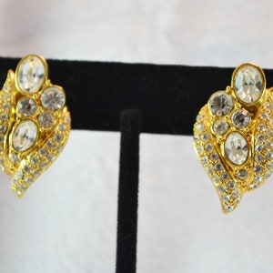 Vintage Monet Clip On Earrings Gold Tone Metal with Sparkling Rhinestones