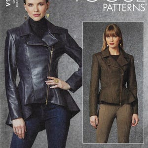 May include: Two women's fashion pattern designs for a black leather and a brown fabric jacket with a zipper closure and a peplum hem. The pattern is called Vogue Patterns.