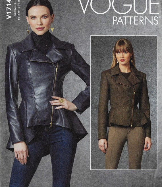 Womens Faux Leather Peplum Jacket Asymmetrical Zip Closing Vogue Sewing Pattern V1714 Size 8 10 12 14 16 Bust 31 1 2 to 38 FF Etsy Denmark