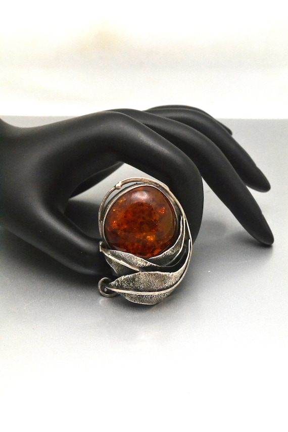 Broche Ancienne Art Nouveau En Argent 925 Et Ambre – 4,5 Cm – Poids 13,8 G – Poinçonné – Bon État