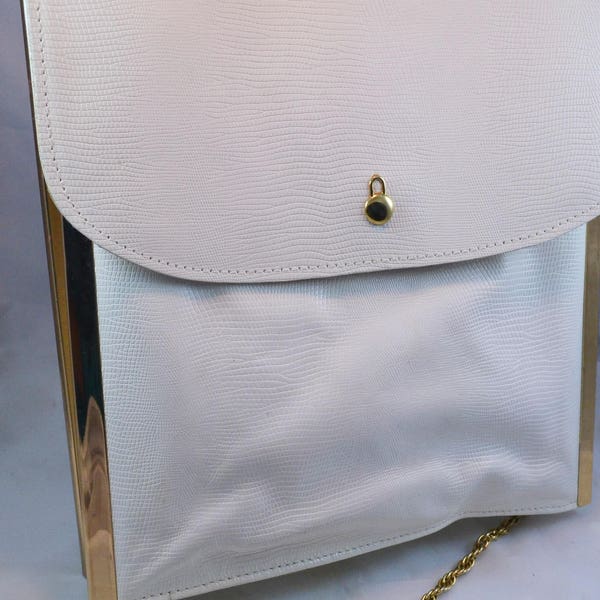 Vintage 1960s White Leather Letisse Handbag Gold Chain Shoulder Strap Messenger Style Purse