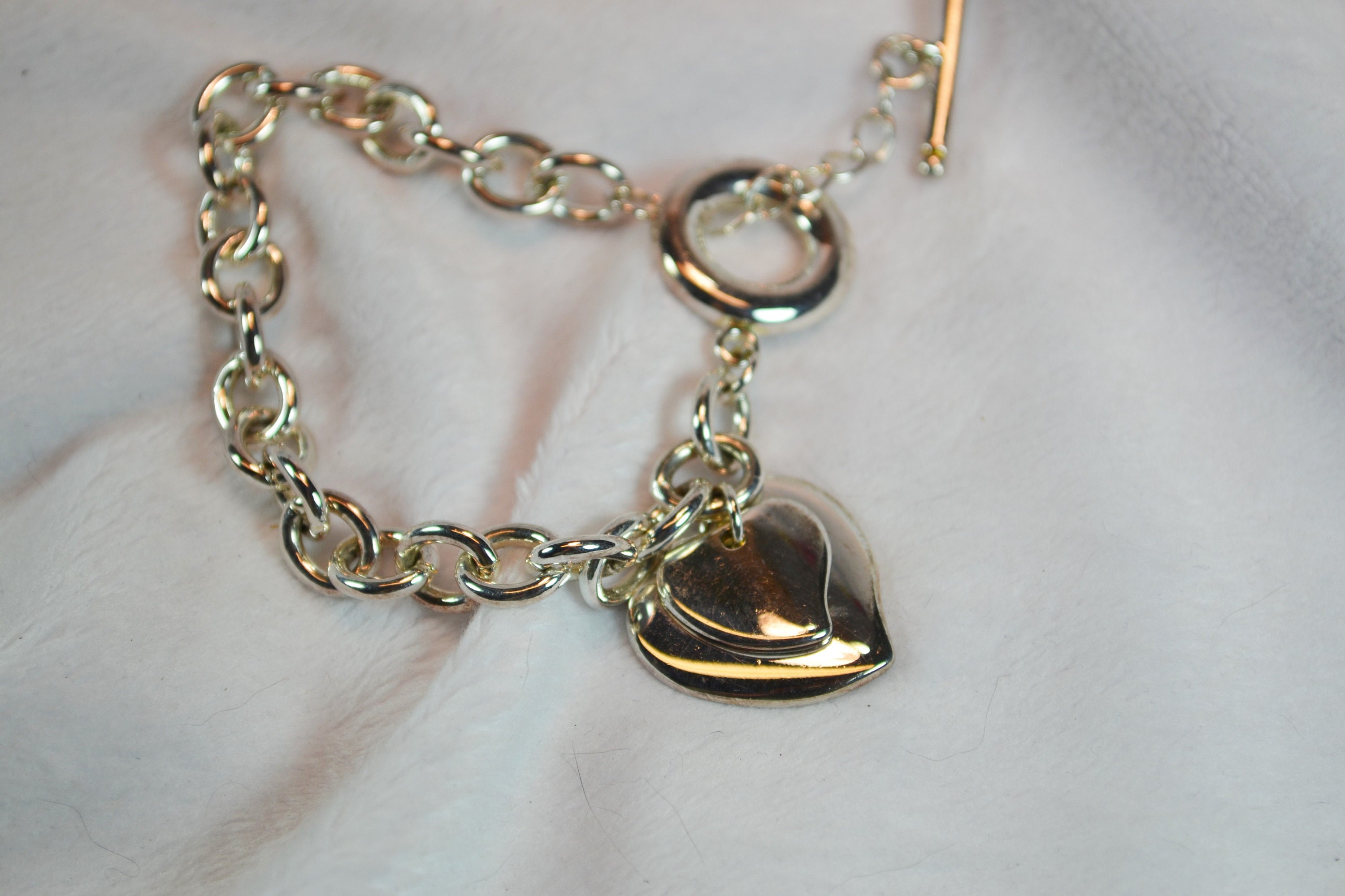 925 Silver Link Bracelet With Double Heart Charms Toggle