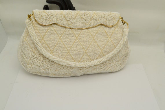 La Regale Evening Bag, White Beadwork, 1970s New Old Stock