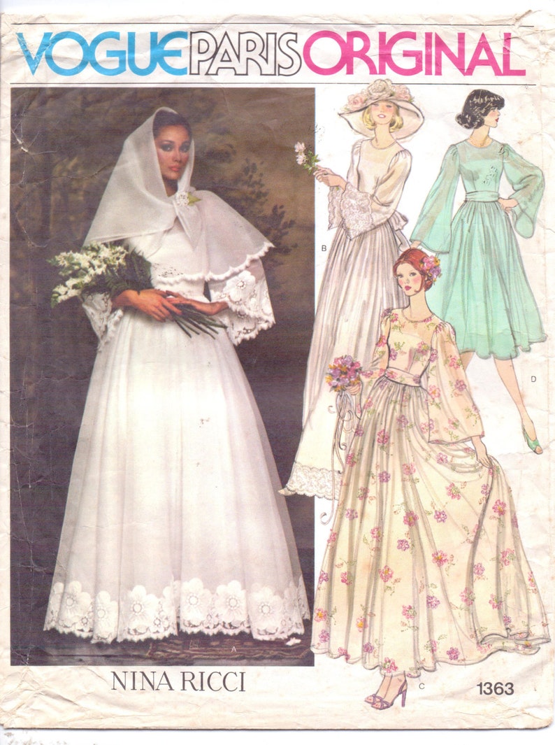 1970s Nina Ricci Womens Boho Wedding Dress, Belt, Slip and Scarf Vogue Sewing Pattern 1363 Size 12 Bust 34 image 2