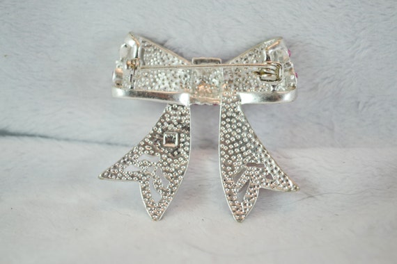 Sparkling Bow Brooch Silver Tone Metal with Pink … - image 6