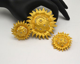 Vintage Sun, Moon and Stars Pendant or Brooch & Matching Clip Earrings
