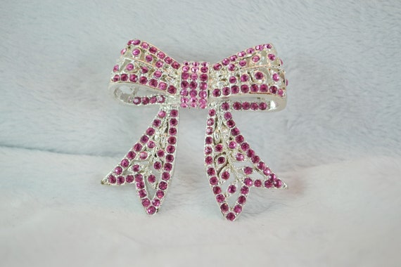 Sparkling Bow Brooch Silver Tone Metal with Pink … - image 3