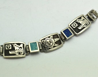 Vintage Shube’s Sterling Silver Eagle and Sun Link Bracelet with Inset Gemstones Unique Gift for Her