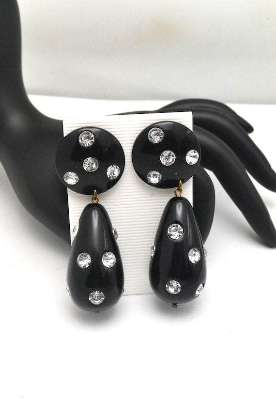 Huge Clip Earrings Black Lucite Dangle & Drop with